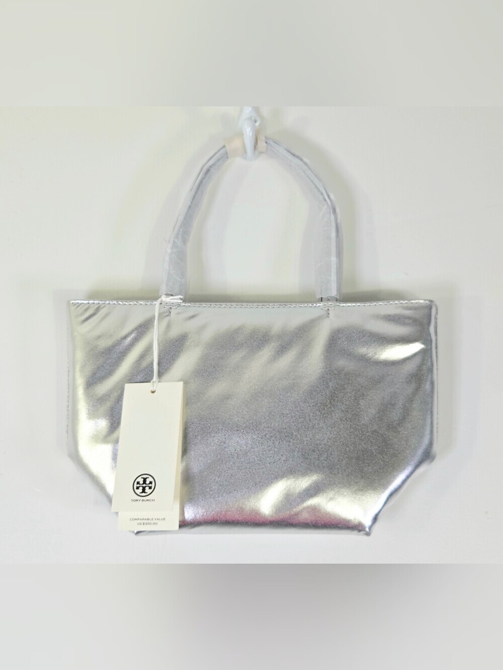 NWT TORY BURCH METALLIC SILVER MINI TOTE BAG WITH STRAP. - Picture 2 of 7